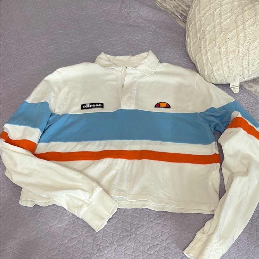 Ellesse White Polo with Blue and Orange Stripes